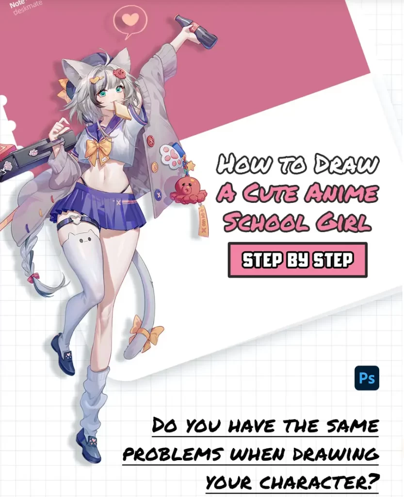 图片[2]-如何绘制可爱的动漫美少女（步骤详解）How to Draw A Cute Anime School Girl – Step by Step-虚幻之初