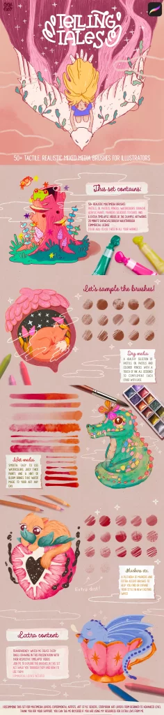 图片[2]-124-Telling Tales – 50+ 触感逼真的故事书风格多媒体画笔，适用于Procreate（含免费演示）-免费试玩版-虚幻之初