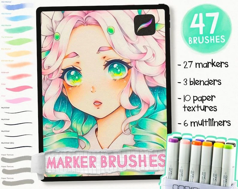 292-Marker Brushes 共 47 款笔刷 27 种马克笔笔刷 3 种混合笔刷（blenders） 10 种纸张纹理（paper textures） 6 种多线笔（multiliners）-虚幻之初