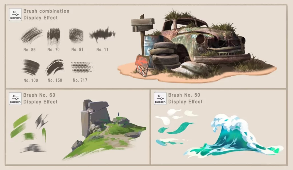 图片[7]-316-高效的Photoshop画笔 这套画笔集包含300余支画笔。它们是我为满足工作需求而创作的，经过精心挑选、逐步开发和长期积累而成。我为每支画笔都编了号，方便您在工作时快速找到所需。 这套画笔可用于绘制几乎任何纹理——山脉、岩石、树木、云朵、水面、人物、发型、衣褶、金属，以及绘画中许多常见元素。使用这些画笔，您能快速勾勒出基本形状，让创作过程更加顺畅。-虚幻之初
