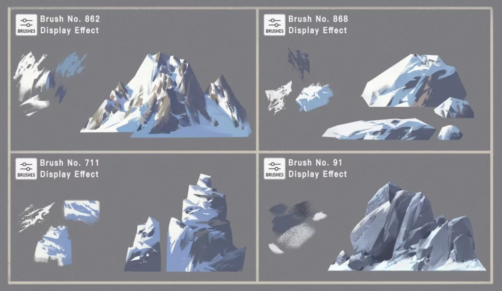 图片[6]-316-高效的Photoshop画笔 这套画笔集包含300余支画笔。它们是我为满足工作需求而创作的，经过精心挑选、逐步开发和长期积累而成。我为每支画笔都编了号，方便您在工作时快速找到所需。 这套画笔可用于绘制几乎任何纹理——山脉、岩石、树木、云朵、水面、人物、发型、衣褶、金属，以及绘画中许多常见元素。使用这些画笔，您能快速勾勒出基本形状，让创作过程更加顺畅。-虚幻之初