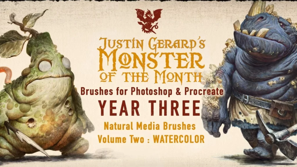 317-杰拉德的怪兽画笔：第三年：水彩 这套画笔为Photoshop和Procreate提供40款独特的画笔-虚幻之初