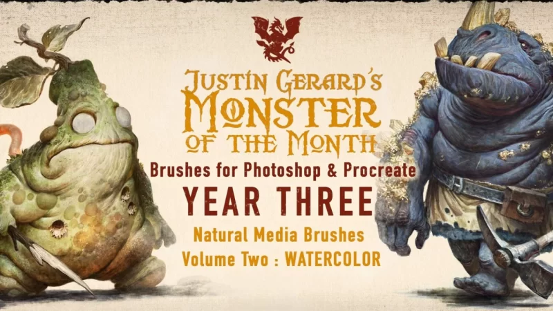 317-杰拉德的怪兽画笔：第三年：水彩 这套画笔为Photoshop和Procreate提供40款独特的画笔-虚幻之初
