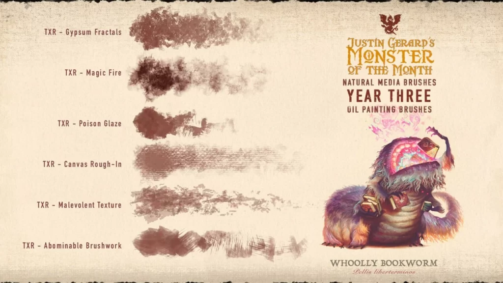 图片[9]-318-杰拉德的怪物画笔：第三年：油画 这套画笔为Photoshop和Procreate提供40款独特的画笔，模拟传统油画效果。每款画笔均采用实际铅笔笔触、-虚幻之初