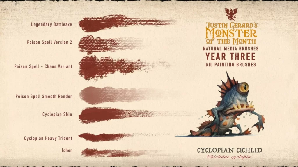 图片[8]-318-杰拉德的怪物画笔：第三年：油画 这套画笔为Photoshop和Procreate提供40款独特的画笔，模拟传统油画效果。每款画笔均采用实际铅笔笔触、-虚幻之初