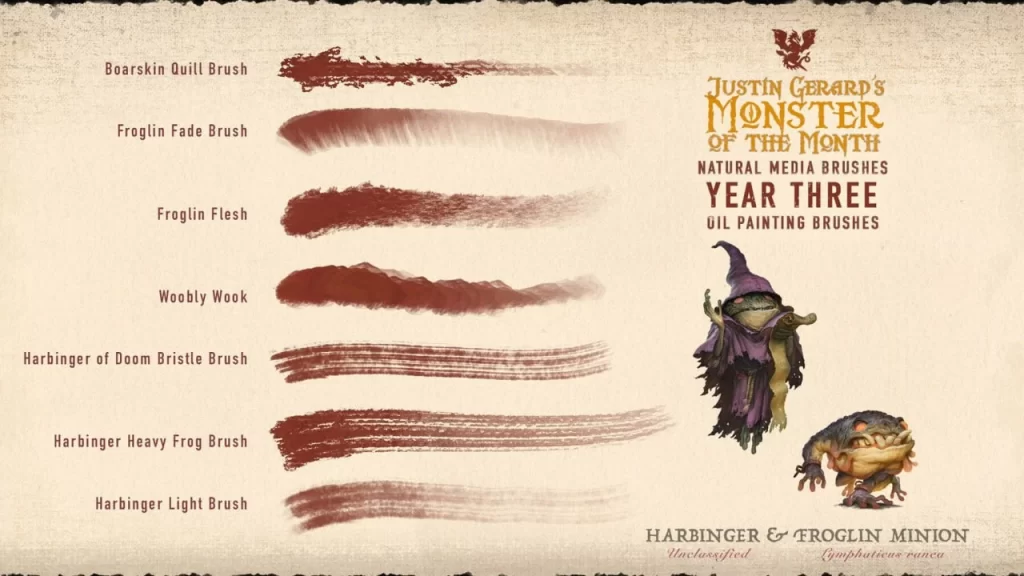 图片[7]-318-杰拉德的怪物画笔：第三年：油画 这套画笔为Photoshop和Procreate提供40款独特的画笔，模拟传统油画效果。每款画笔均采用实际铅笔笔触、-虚幻之初