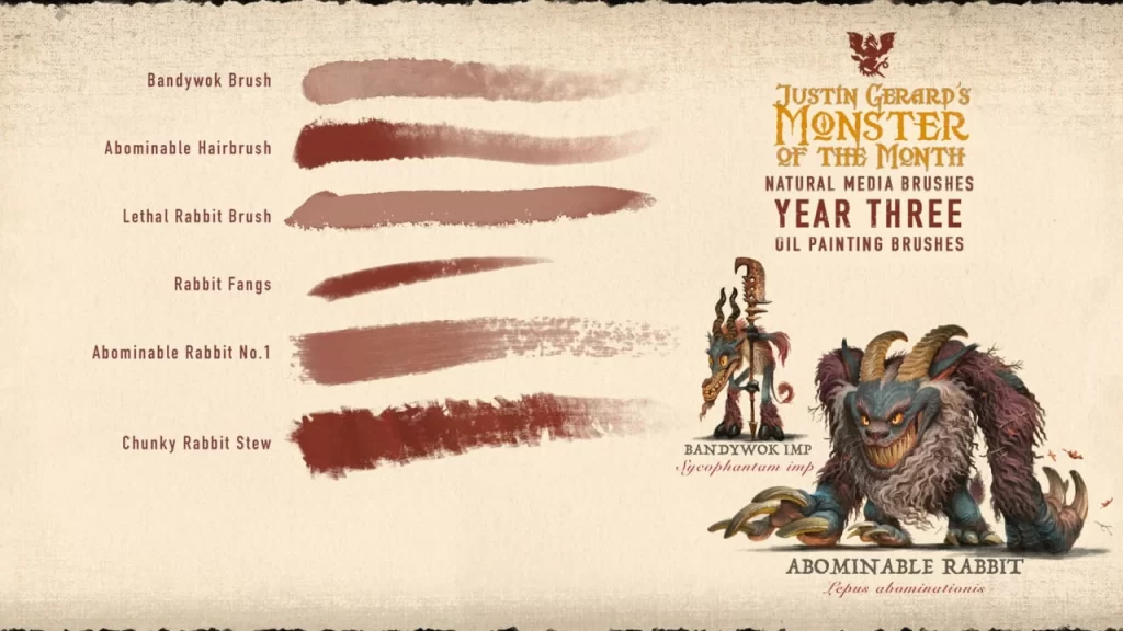 图片[6]-318-杰拉德的怪物画笔：第三年：油画 这套画笔为Photoshop和Procreate提供40款独特的画笔，模拟传统油画效果。每款画笔均采用实际铅笔笔触、-虚幻之初