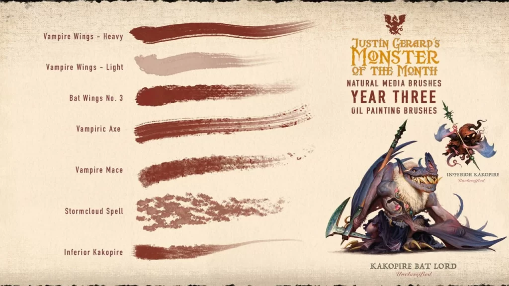 图片[5]-318-杰拉德的怪物画笔：第三年：油画 这套画笔为Photoshop和Procreate提供40款独特的画笔，模拟传统油画效果。每款画笔均采用实际铅笔笔触、-虚幻之初