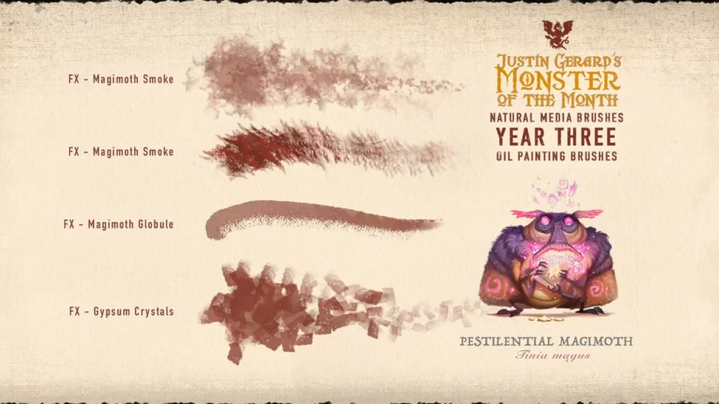 图片[4]-318-杰拉德的怪物画笔：第三年：油画 这套画笔为Photoshop和Procreate提供40款独特的画笔，模拟传统油画效果。每款画笔均采用实际铅笔笔触、-虚幻之初