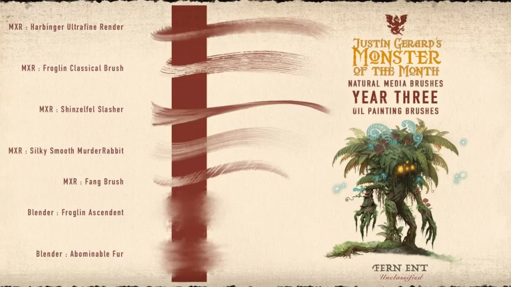 图片[3]-318-杰拉德的怪物画笔：第三年：油画 这套画笔为Photoshop和Procreate提供40款独特的画笔，模拟传统油画效果。每款画笔均采用实际铅笔笔触、-虚幻之初