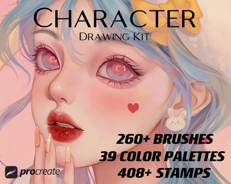 348-Procreate角色绘画套件——260支画笔、调色板、动漫、卡通肖像画用的印章画笔-虚幻之初