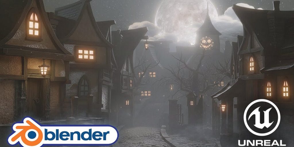 Blender 5 和 UE5.7：风格化的鬼屋街头套件 建造一个风格化的鬼街：在Blender 5里用模块化套件，GLB交接，然后用Landmass、PCG、Lumen，并在Unreal 5.7里做雾-虚幻之初