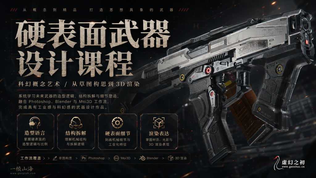 图片[1]-Blender + Photoshop + MoI3D 科幻硬表面武器全流程设计实战课：从概念草图到工业级3D建模与渲染输出-虚幻之初
